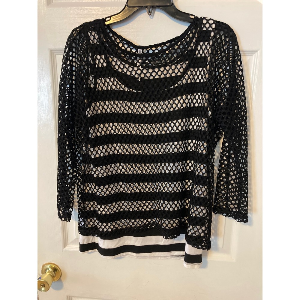 Leo & Nicole Womens Black Fishnet Crochet Mesh Striped Layered Top Size‎ M